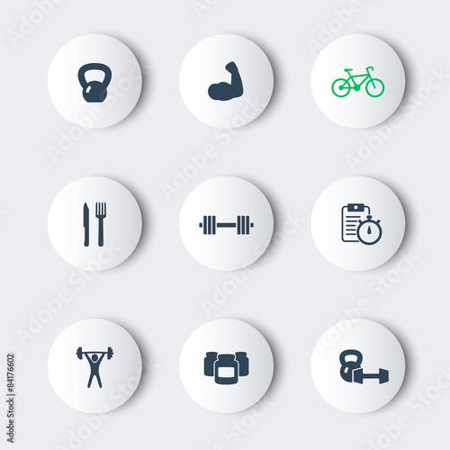 fitness, sport, gym round modern icons with shadows
