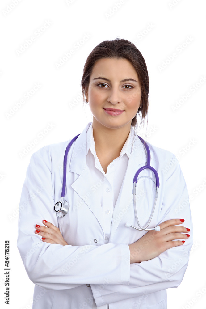 Friendly smiling female doctor, isolated over white background Friendly smiling female doctor, isolated over white background
