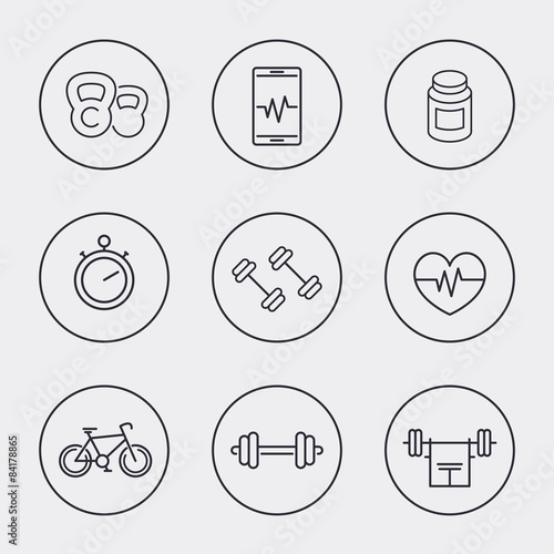 line fitness, gym icons in circles, vector, eps10