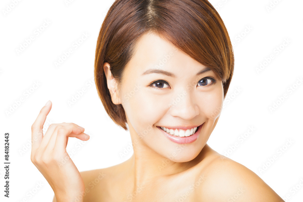 closeup portrait young woman face on white background closeup portrait young woman face on white background