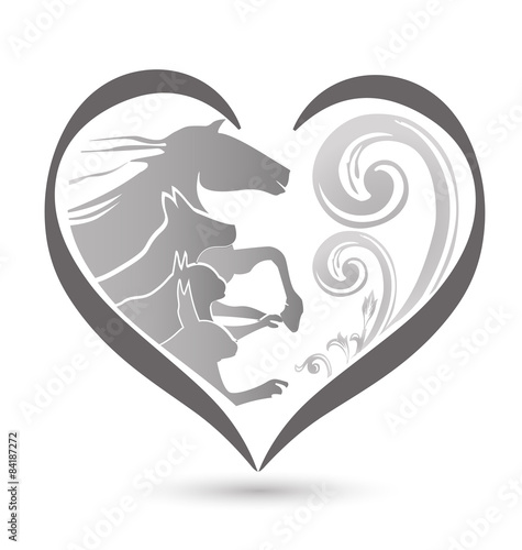 Cat dog horse and rabbit silhouettes floral heart love shape icon logo vector