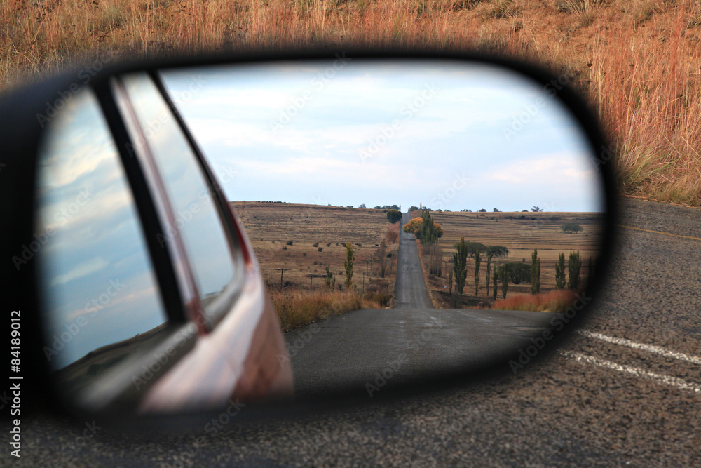 South African landscape in a car mirror. South African landscape in a car mirror.