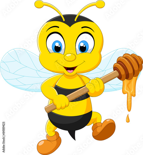 Cartoon illustration, bee holding honey 