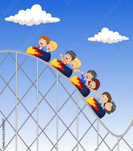 Cartoon little kid play in rollercoaster