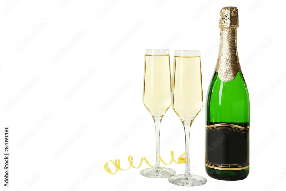 Glasses of champagne with bottle on a white background Glasses of champagne with bottle on a white background