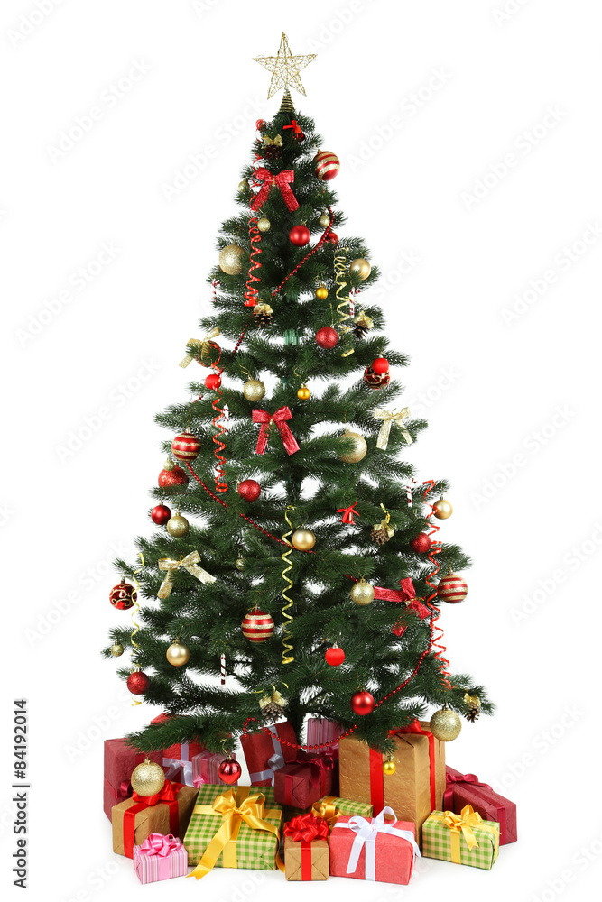 Decorated christmas tree with gifts on white background Decorated christmas tree with gifts on white background