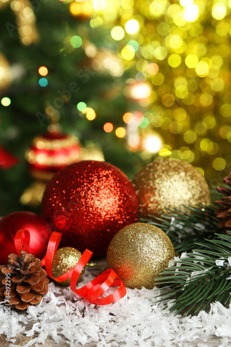 Christmas balls on grey wooden background