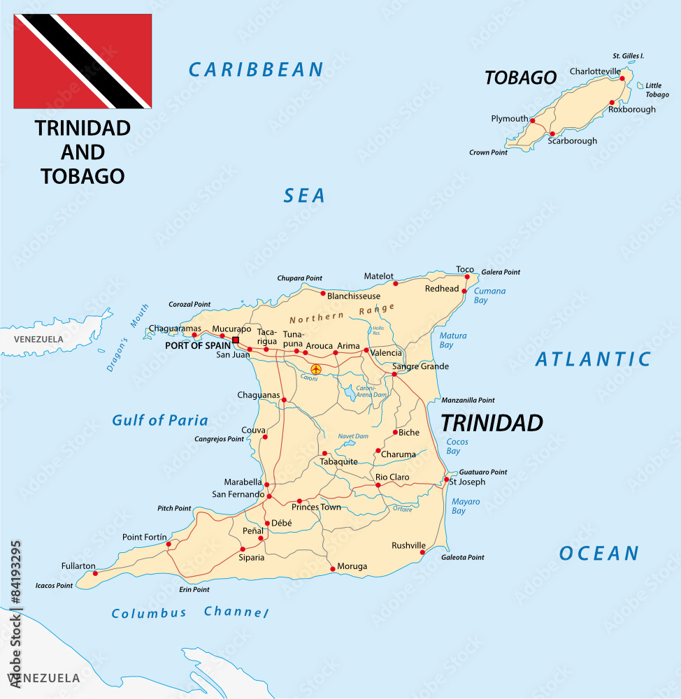 trinidad and tobago road map with flag