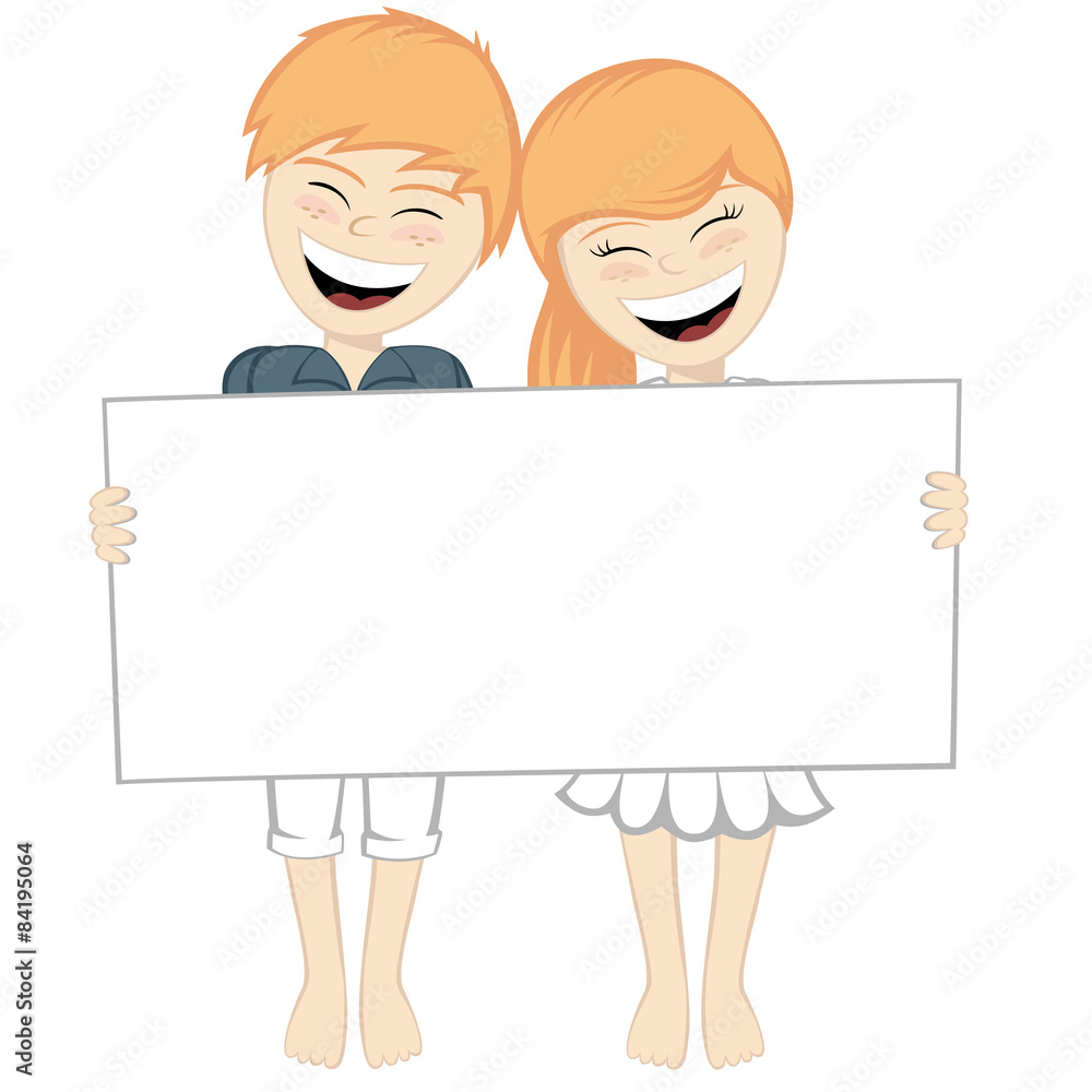 A ginger boy and girl holding a big white board A ginger boy and girl holding a big white board