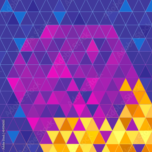 Purple and yellow object on blue triangles texture background