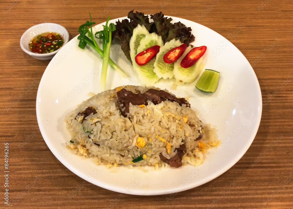 Dish of Fried Rice with Beef and Fish Sauce with Chili Dish of Fried Rice with Beef and Fish Sauce with Chili