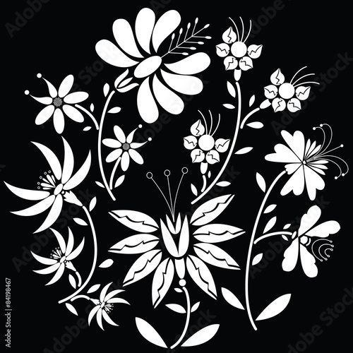 White Floral folk pattern in circle shape on black background