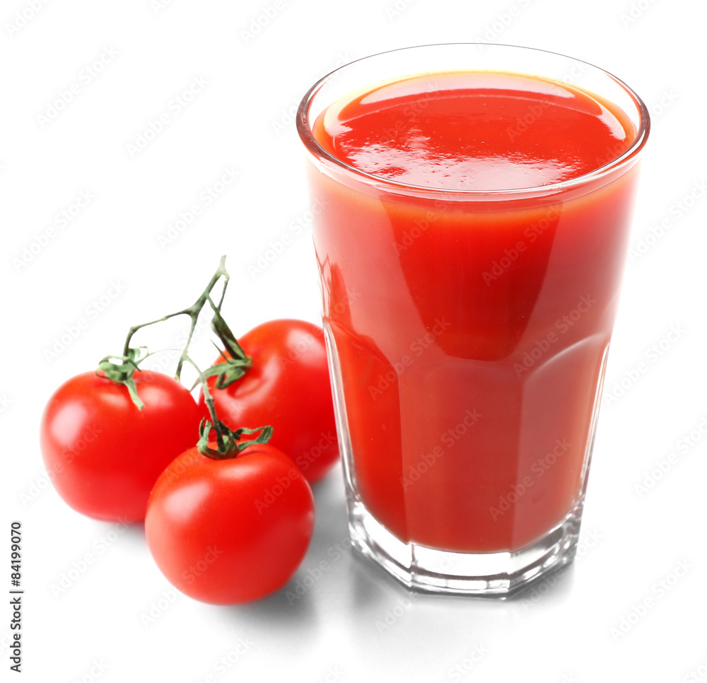 Glass of tomato juice with vegetables isolated on white Glass of tomato juice with vegetables isolated on white