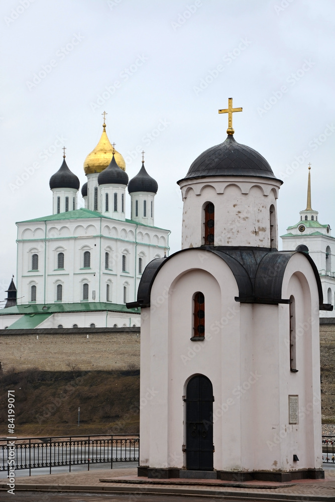 Olga's chapel in Pskov, Russia with Trinity cathedral in background