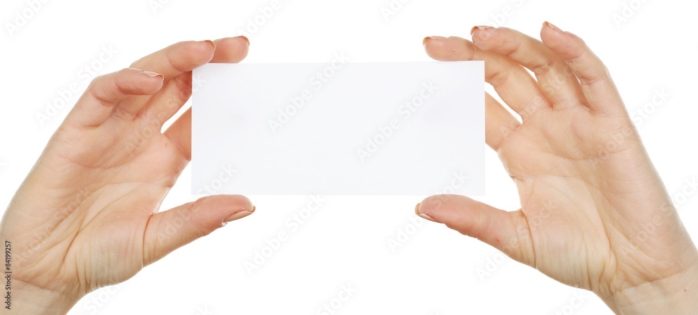 Hands holding blank card isolated on white Hands holding blank card isolated on white