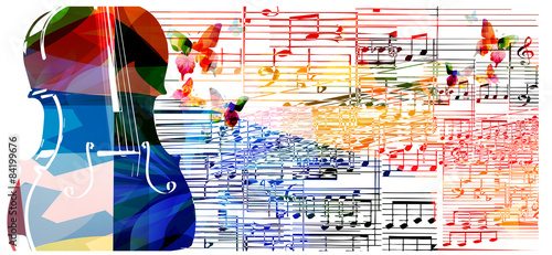Colorful violoncello design with butterflies