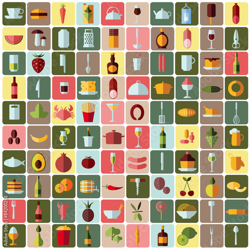 100 colorful icons of food, utensils, bottles and wine glasses