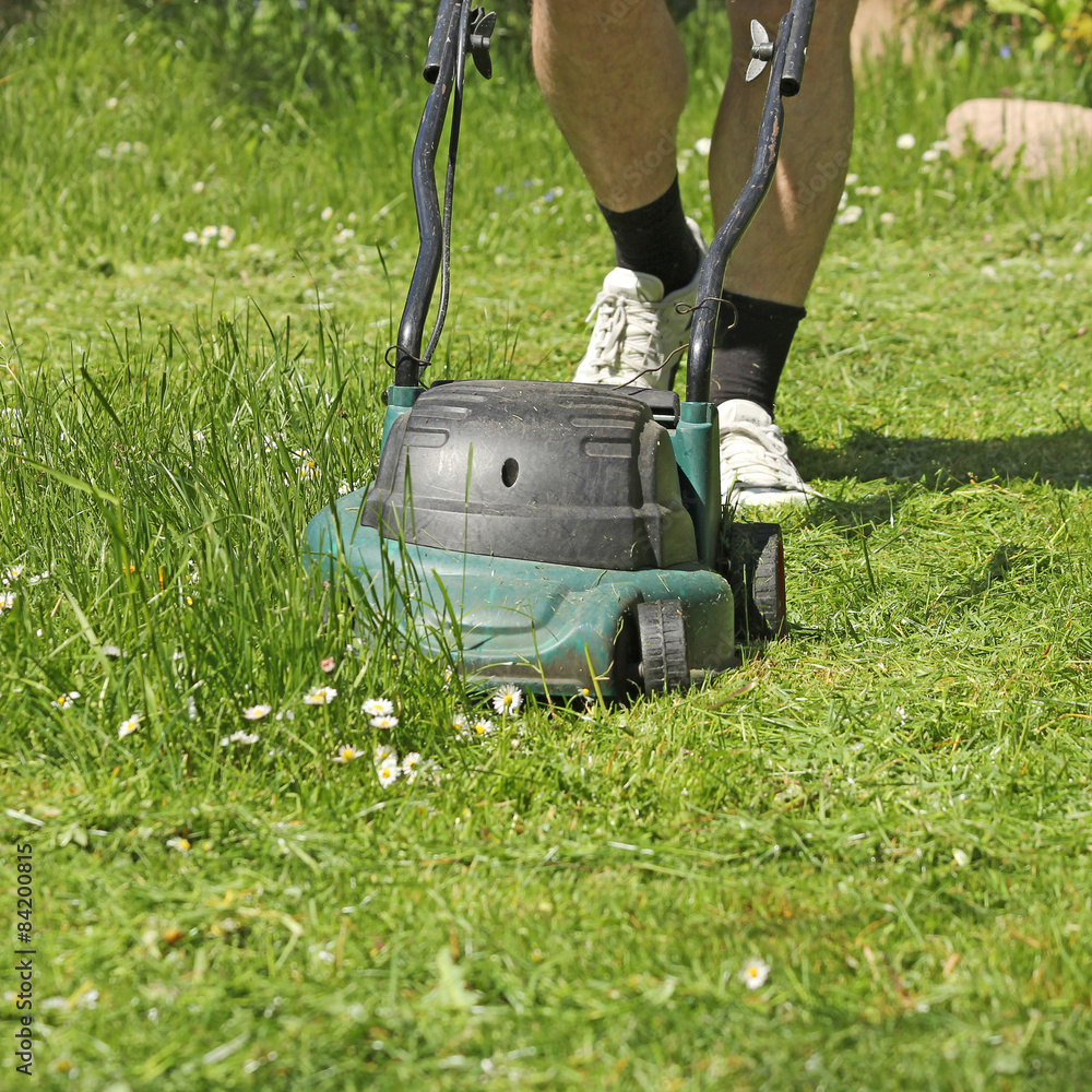 Naklejka Man mowing grass with grass-mower
