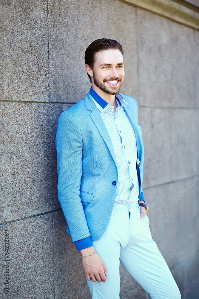 handsome stylish man in casual suit hipster cloth in the street handsome stylish man in casual suit hipster cloth in the street