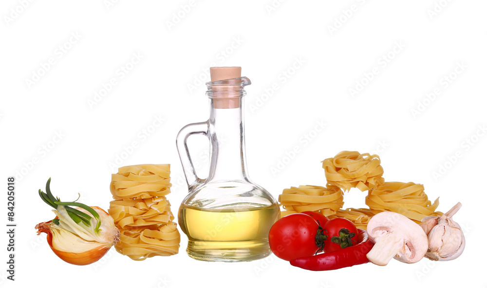 row dry nest pasta and olive oil on white row dry nest pasta and olive oil on white