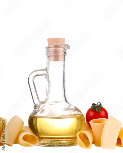 Ingredients for pasta. Spaghetti,cherie,chili, oil, garlic isolated on white