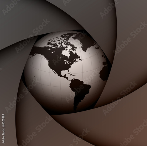 Background with lens shutter and earth globe inside