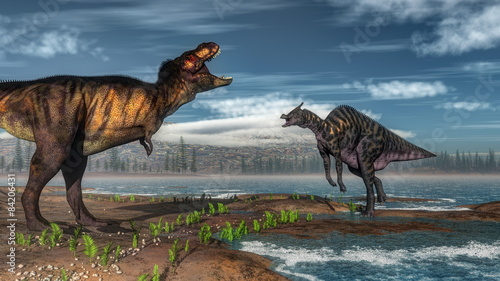 Tyrannosaurus rex and saurolophus dinosaurs - 3D render © Elenarts