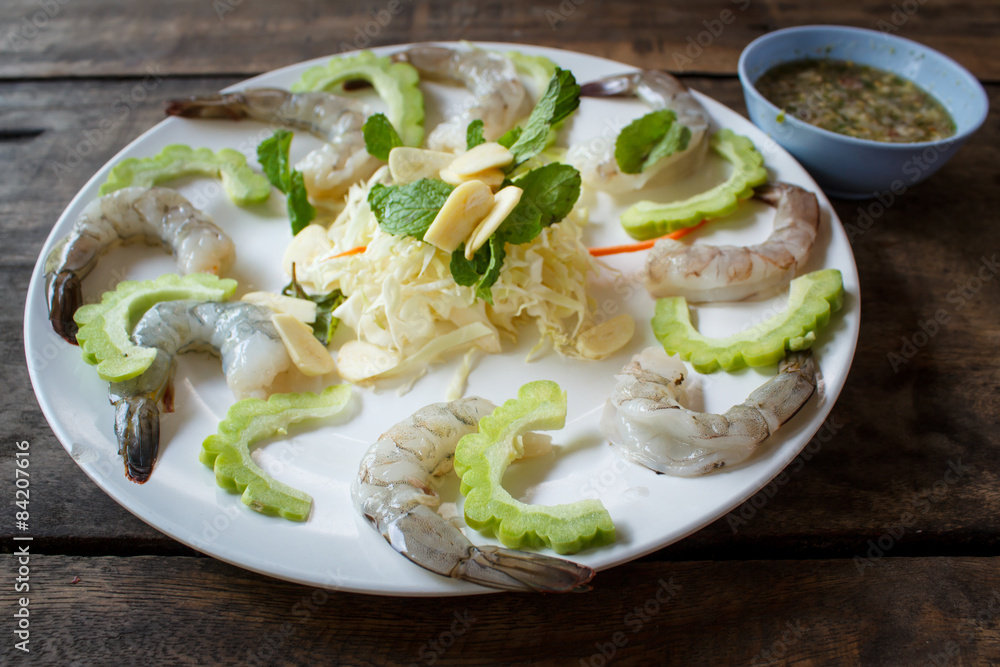 Raw shrimp and spicy sauce, seafood thailand. Raw shrimp and spicy sauce, seafood thailand.