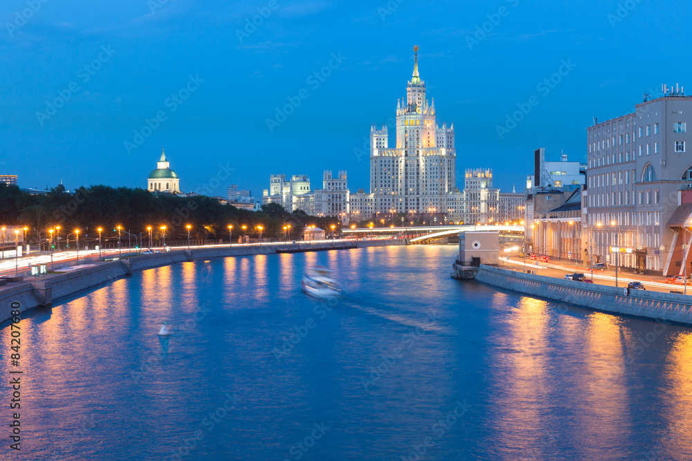 Dusk view of the Kotelnicheskaya Embankment Building, Moscow.