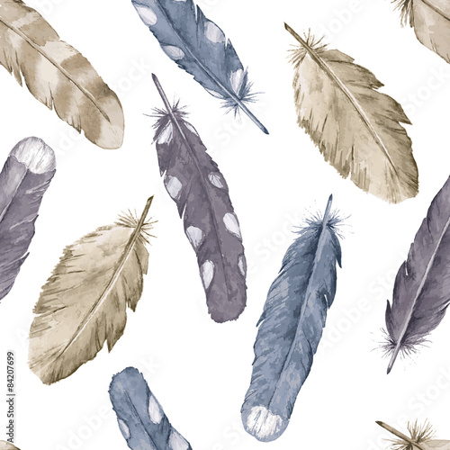 Watercolor feathers. Seamless pattern