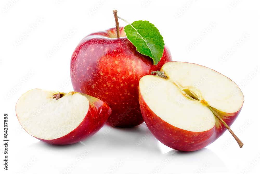 Red apples with leaf and half section isolated on a white