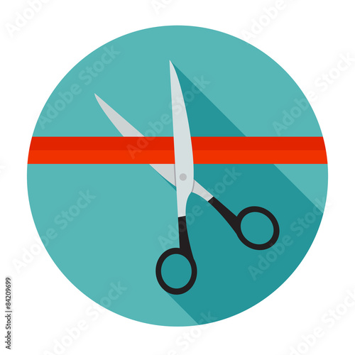 Scissors cut the red ribbon flat icon with long shadow