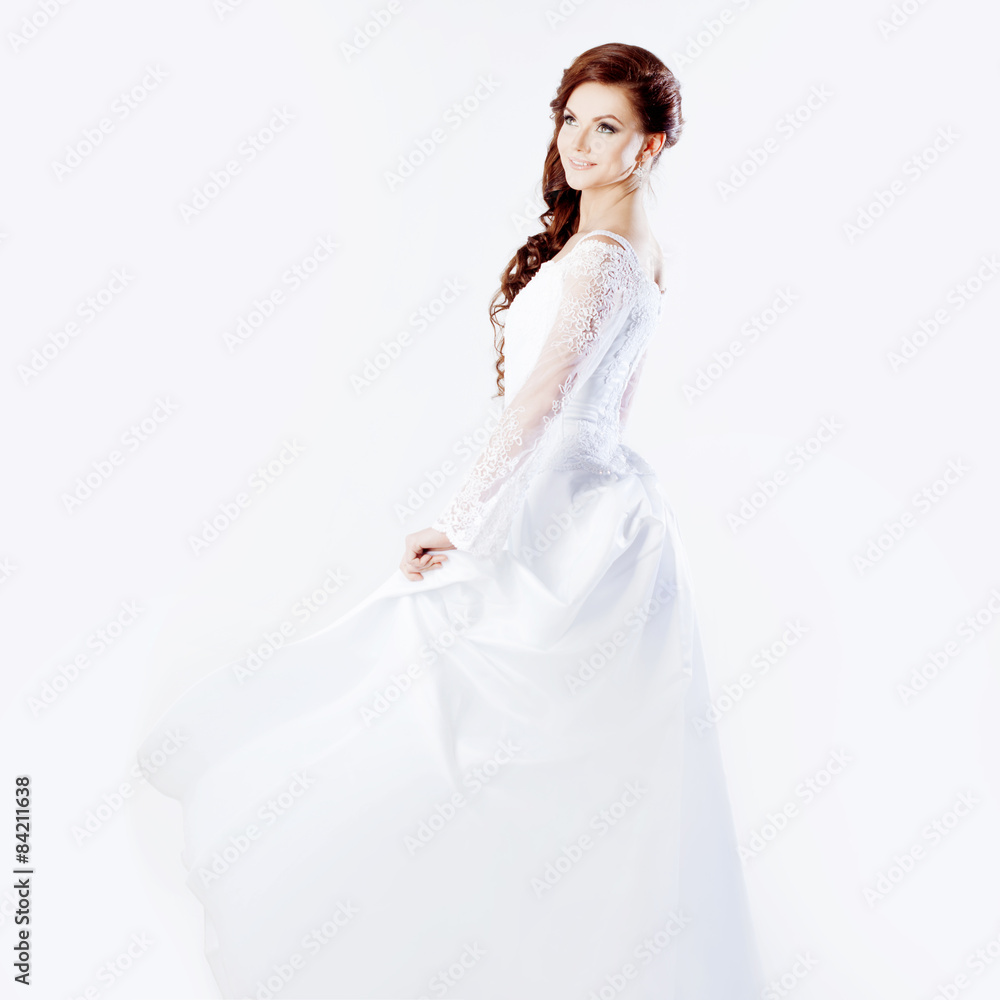 Beautiful bride in wedding dress, white background, square