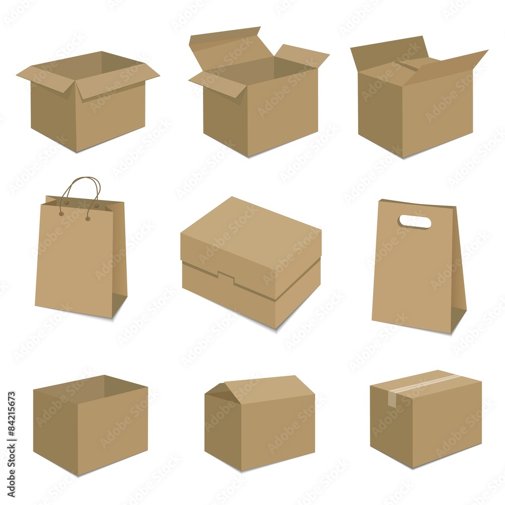 Set of nine isometric cardboard boxes isolated on white. Set of nine isometric cardboard boxes isolated on white.