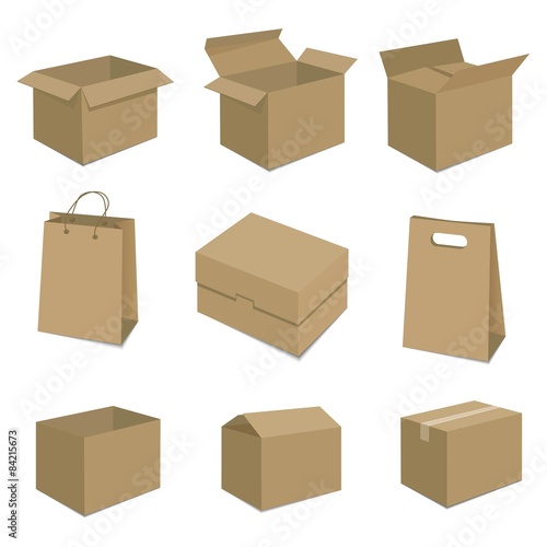 Set of nine isometric cardboard boxes isolated on white.