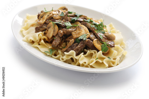 beef stroganoff with pasta, russian cuisine on white background