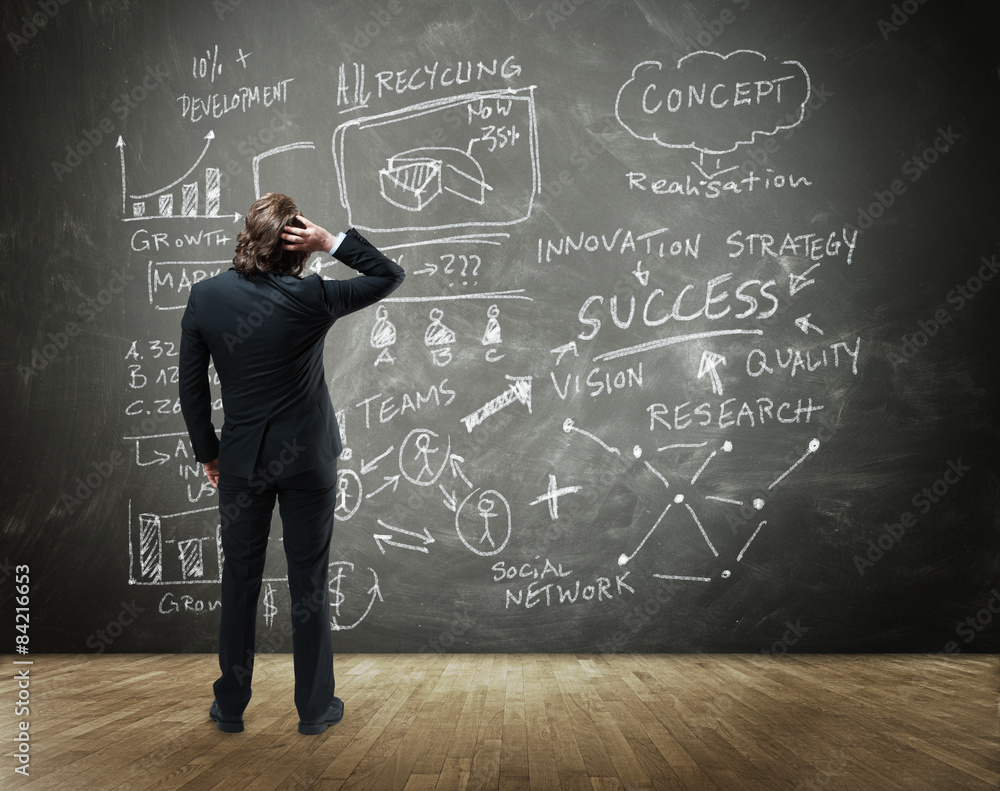 Businessman In Front a Board with Business Concept Businessman In Front a Board with Business Concept