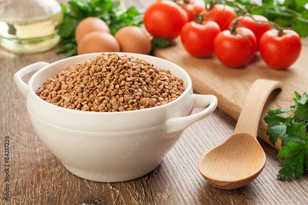 Ceramic bowl with buckwheat. Ceramic bowl with buckwheat.