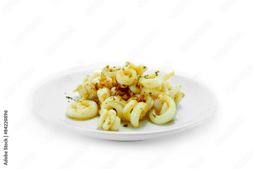 Fried squid with garlic and rosemary mixture. Fried squid with garlic and rosemary mixture.