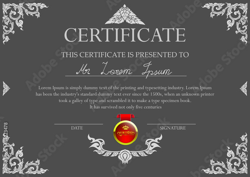 Certificate design template with Thai art frame. photo