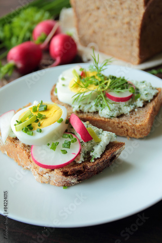 Fresh bread with cottage cheese with herbs, egg and radish