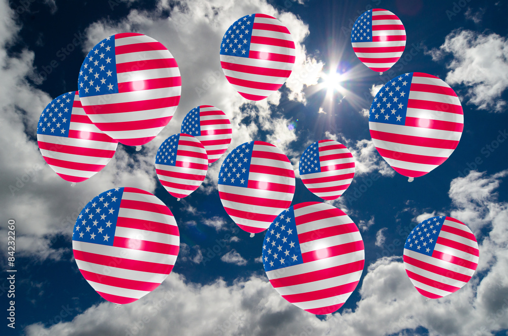 Obraz premium many balloons with usa flag on sky