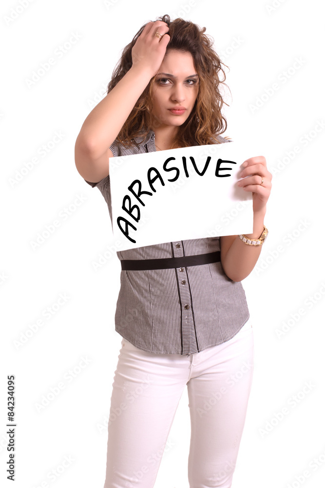 uncomfortable woman holding paper with Abrasive text uncomfortable woman holding paper with Abrasive text