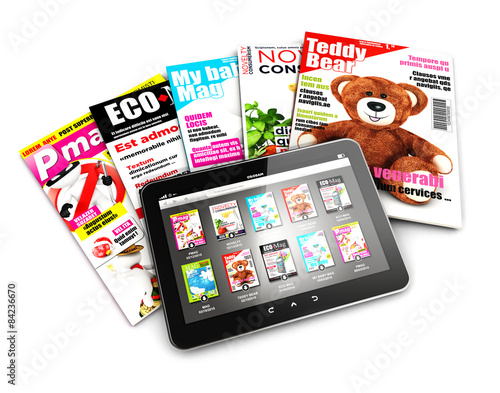 3d stack of magazines and tablet photo