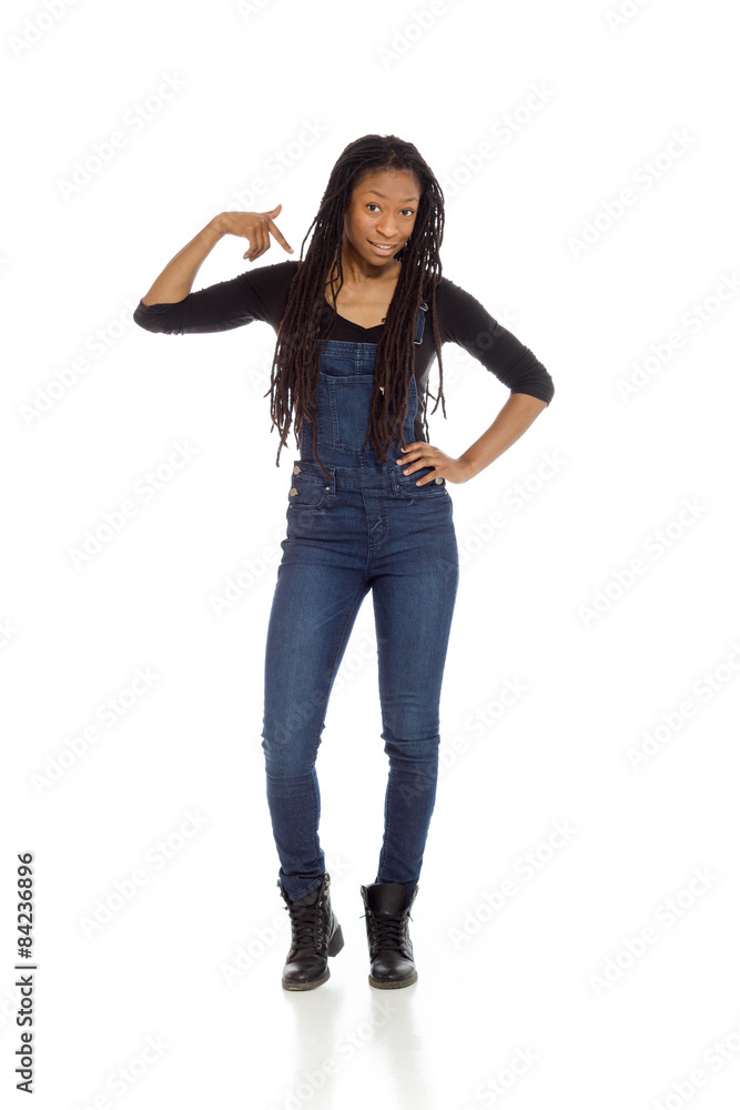 Model isolated pointing to herself Model isolated pointing to herself