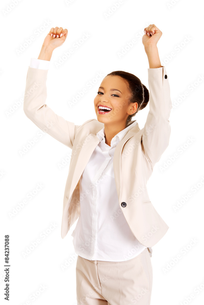 Winner businesswoman celebrating success.