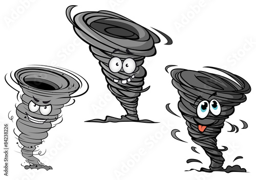 Cartoon hurricane, tornado and typhoon characters