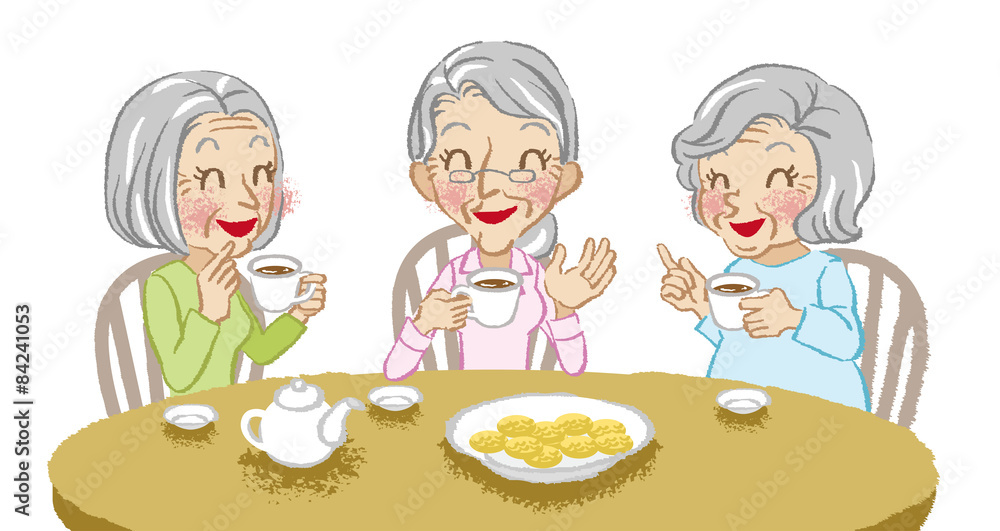 Senior women cheerful tea time white background Senior women cheerful tea time white background