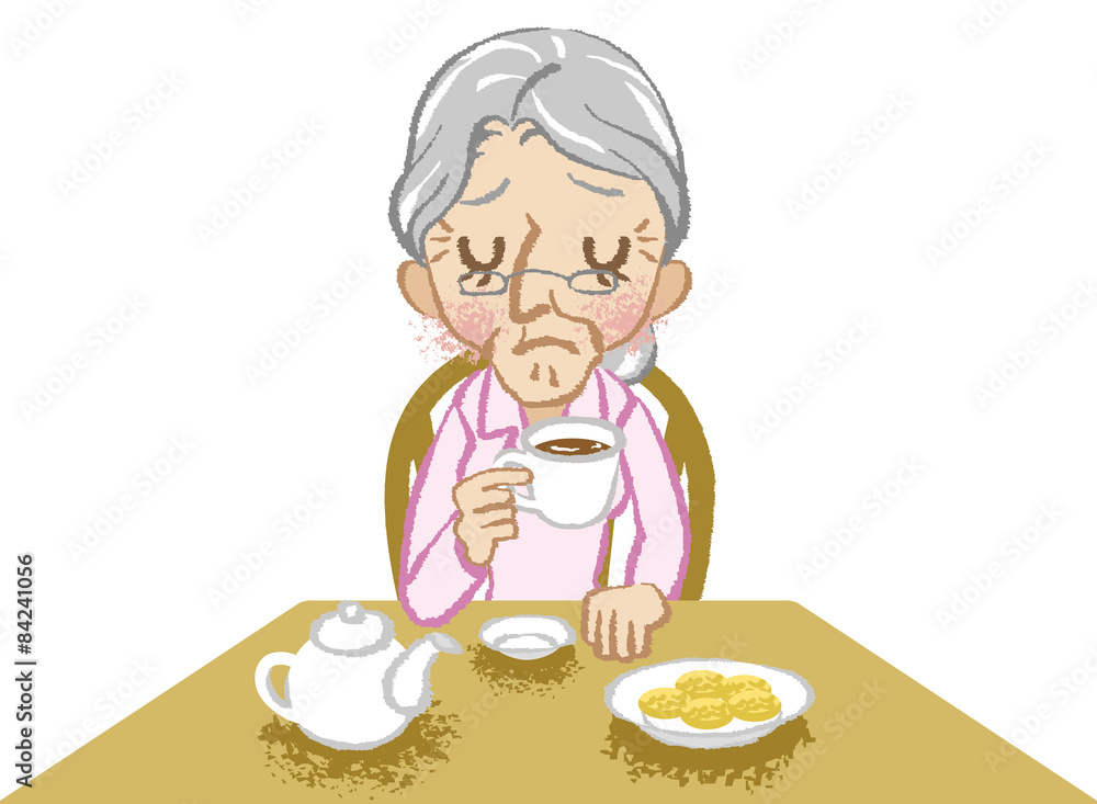 Senior women lonely tea time white background Senior women lonely tea time white background