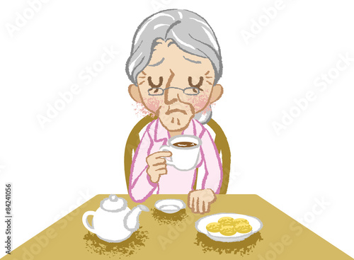 Senior women lonely tea time white background